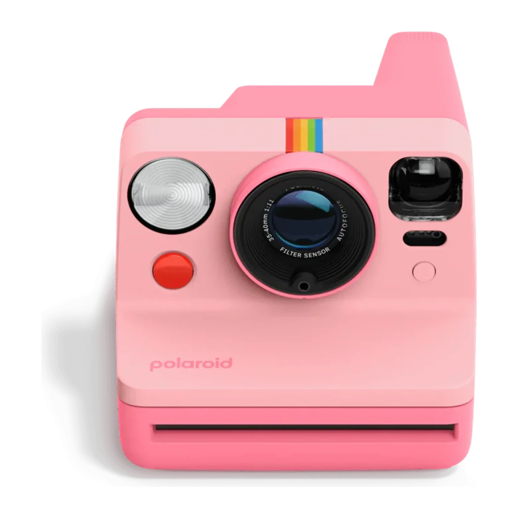 Polaroid Now Generation 3 Rosa, vista frontal: lente, flash, franja arcoíris y foto instantánea saliendo - Ítem4