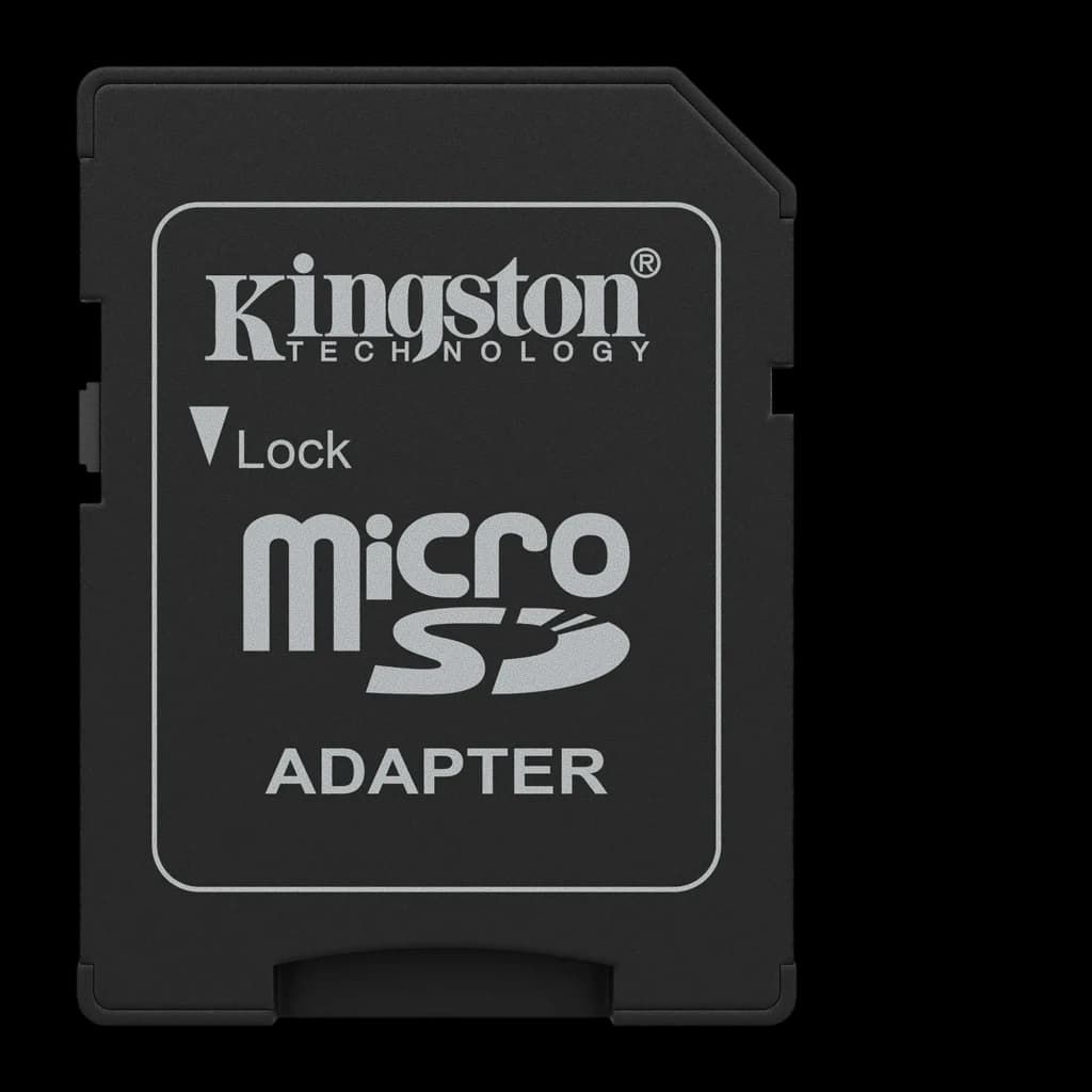 Kingston Canvas Select Plus microSD 128GB noir, kit: vue frontale de l'adaptateur SD noir avec logo Kingston et texte