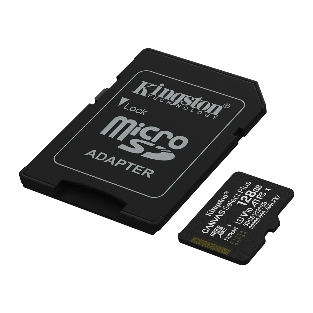 Kingston Canvas Select Plus microSD 128GB preto, kit frontal plano: adaptador SD à esquerda e cartão microSD à direita - Item4