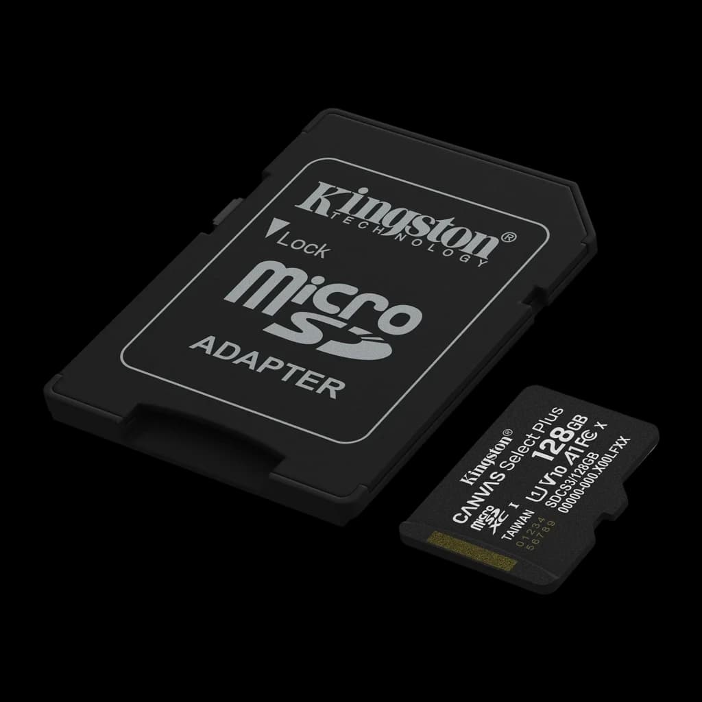 Kingston Canvas Select Plus microSD 128GB noir, kit en angle: grand adaptateur SD et petite carte microSD en perspective