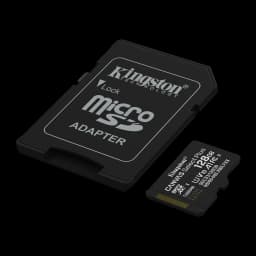 Kingston Canvas Select Plus microSD 128GB noir, kit en angle: grand adaptateur SD et petite carte microSD en perspective