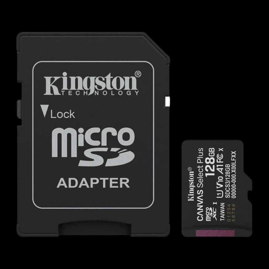 Kingston Canvas Select Plus microSD 128GB noir, kit frontal plat: adaptateur SD à gauche et carte microSD à droite