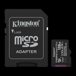 Kingston Canvas Select Plus microSD 128GB noir, kit frontal plat: adaptateur SD à gauche et carte microSD à droite