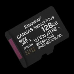 Kingston Canvas Select Plus microSD 128GB noir, vue en angle: face supérieure inclinée montrant le logo et la bande violette
