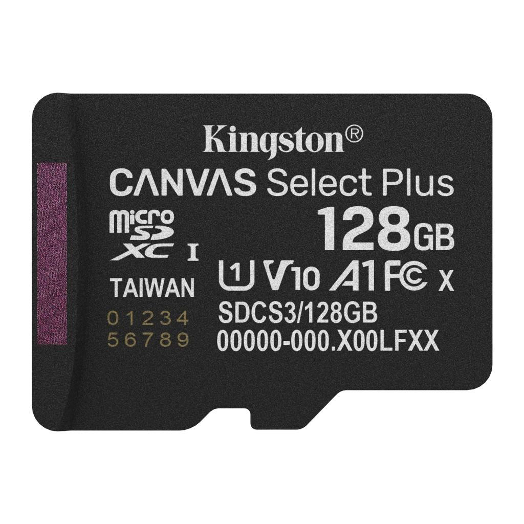 Kingston Canvas Select Plus microSD 128GB preto, kit frontal plano: adaptador SD à esquerda e cartão microSD à direita - Item1