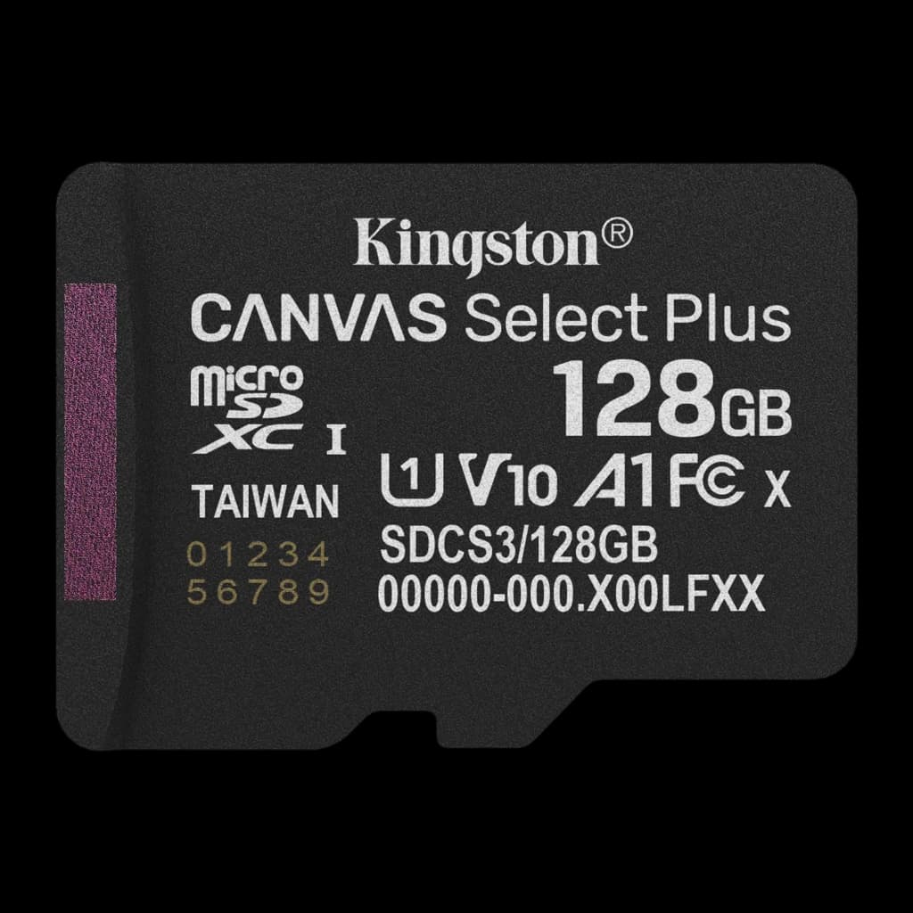 Kingston Canvas Select Plus microSD 128GB noir, vue de face: face supérieure avec logo, capacité 128GB et certifications V10