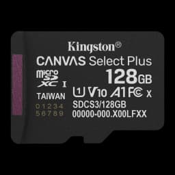 Kingston Canvas Select Plus microSD 128GB noir, vue de face: face supérieure avec logo, capacité 128GB et certifications V10