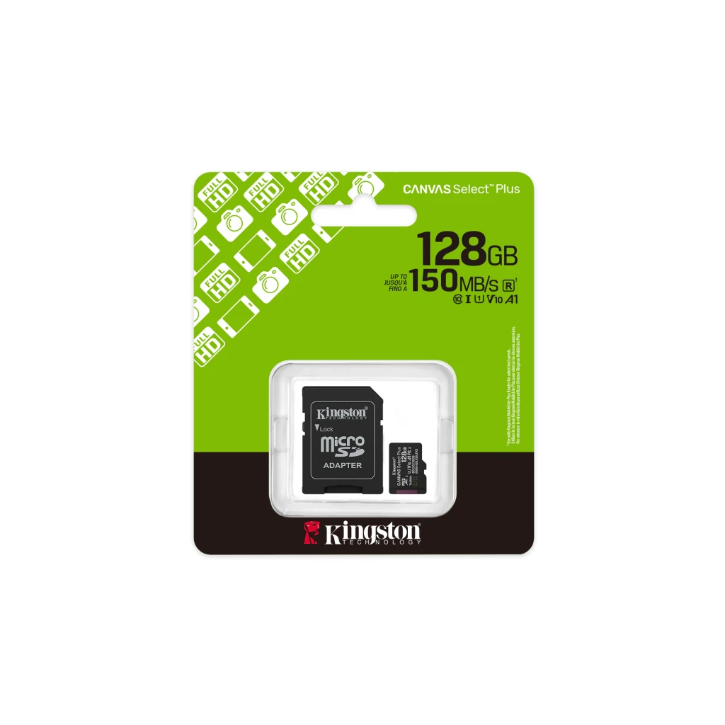 Kingston Canvas Select Plus microSD 128GB preto, kit frontal plano: adaptador SD à esquerda e cartão microSD à direita - Item5