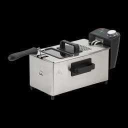 Jata Fritadeira JEFR1680 Inox, vista em perspectiva: corpo em aço escovado, cesto com pega preta e painel de controlo com