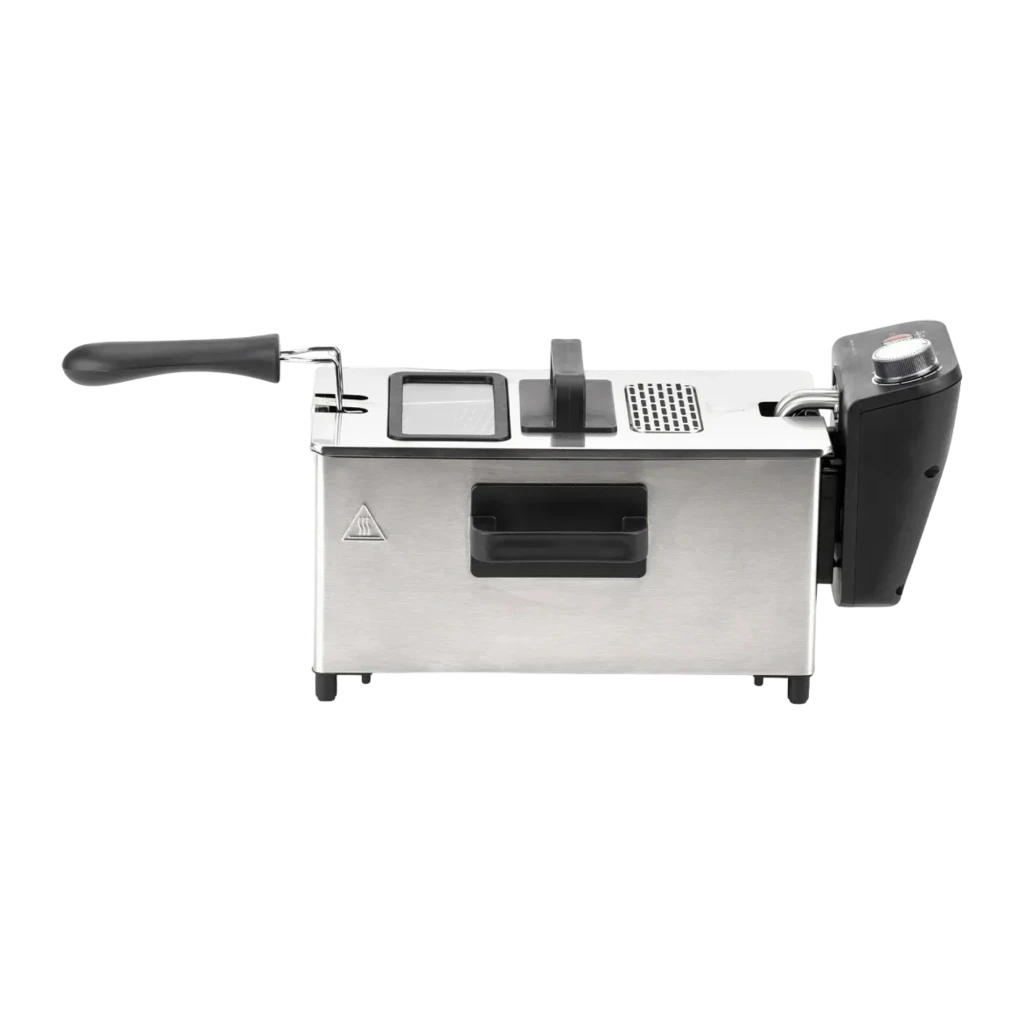 Jata Friteuse JEFR1680 Inox, vue en perspective: corps en acier brossé, panier avec poignée noire et panneau de commande - Ítem1