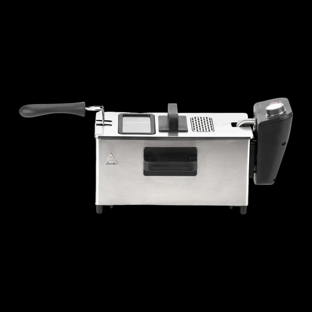 Jata Fritadeira JEFR1680 Inox, vista lateral: perfil completo com pega da cesta estendida, janela e módulo de controlo
