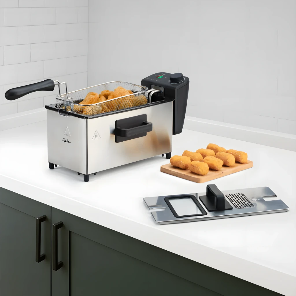 Jata Friteuse JEFR1680 Inox, vue en perspective: corps en acier brossé, panier avec poignée noire et panneau de commande - Ítem2