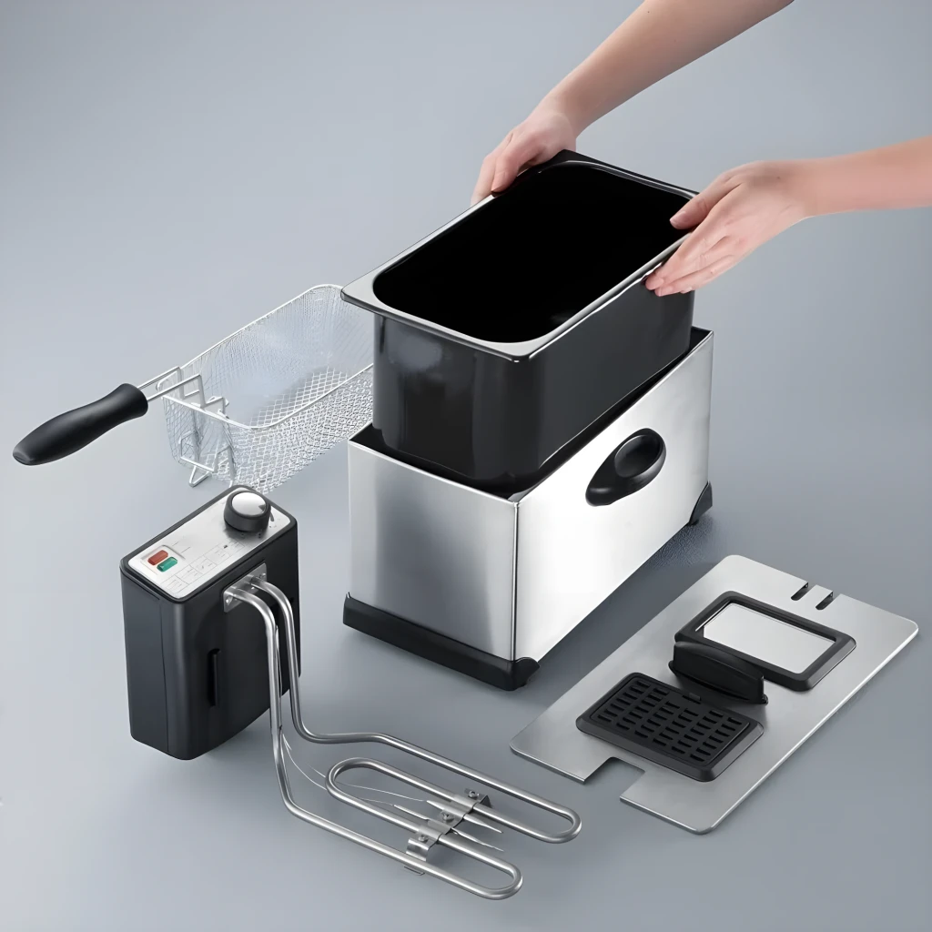 Jata Friteuse JEFR1680 Inox, vue en perspective: corps en acier brossé, panier avec poignée noire et panneau de commande - Ítem3