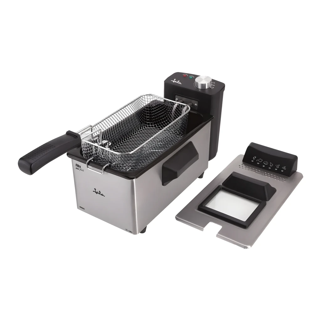 Jata Friteuse JEFR1680 Inox, vue en perspective: corps en acier brossé, panier avec poignée noire et panneau de commande - Ítem4