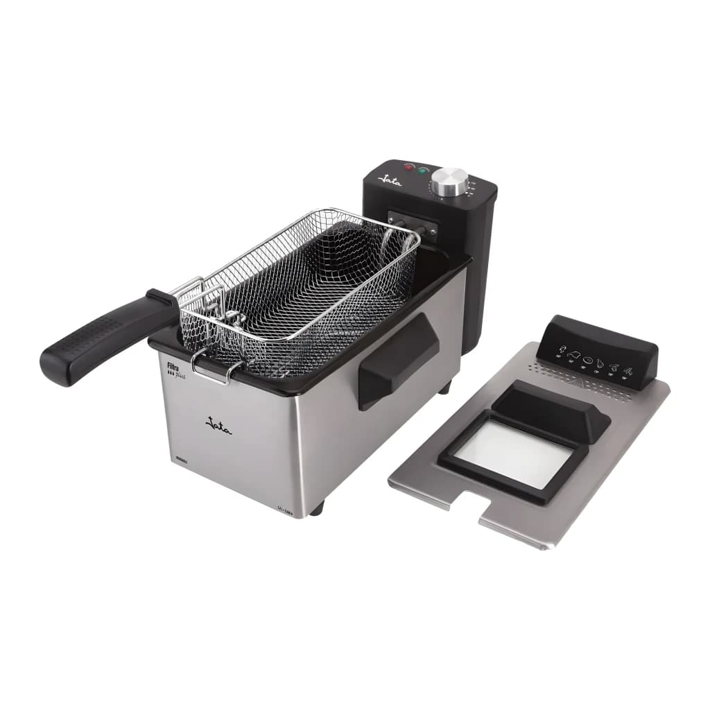 Jata Fritadeira JEFR1680 Inox, vista desmontada: corpo inox, cesto removível com pega preta e tampa separada