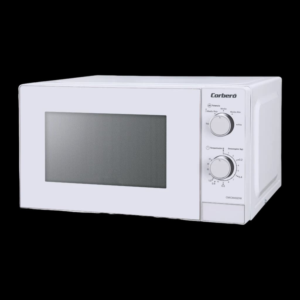 Corberó CMICM4020W Blanc, vue de face en angle: micro-ondes avec porte fermée et deux boutons rotatifs