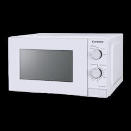 Corberó CMICM4020W Blanc, vue de face en angle: micro-ondes avec porte fermée et deux boutons rotatifs