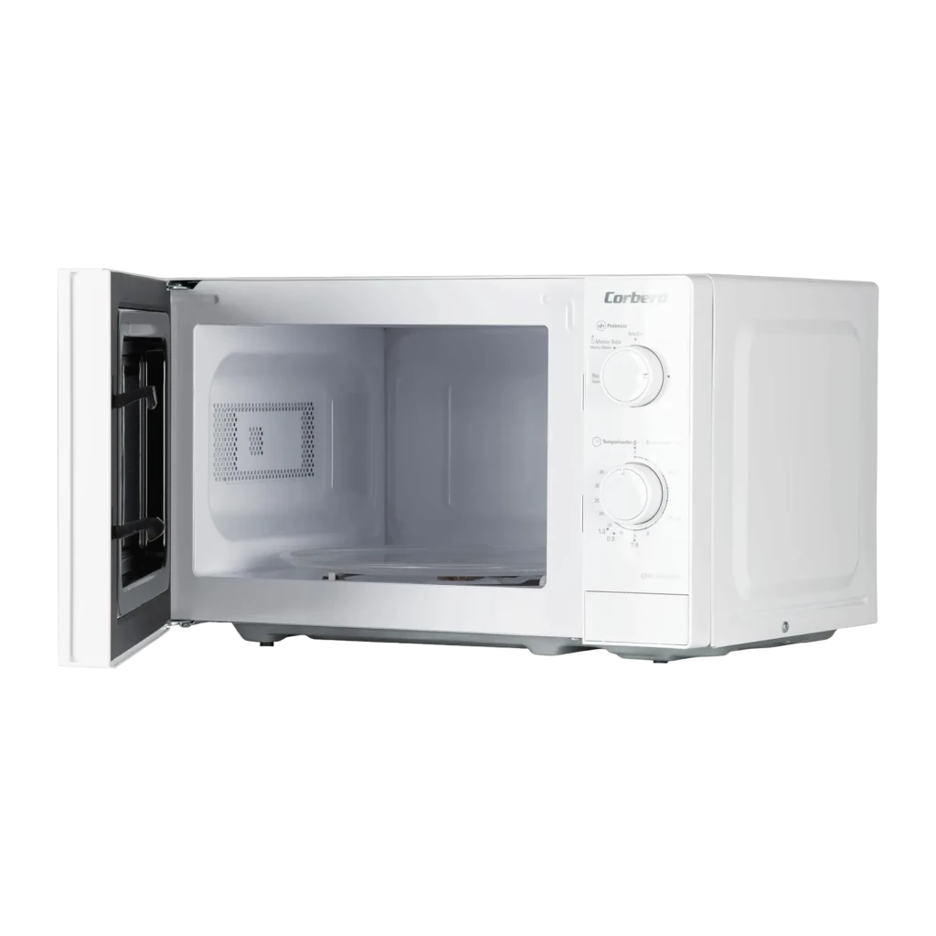 Corberó CMICM4020W Blanc, vue de face en angle: micro-ondes avec porte fermée et deux boutons rotatifs - Ítem1