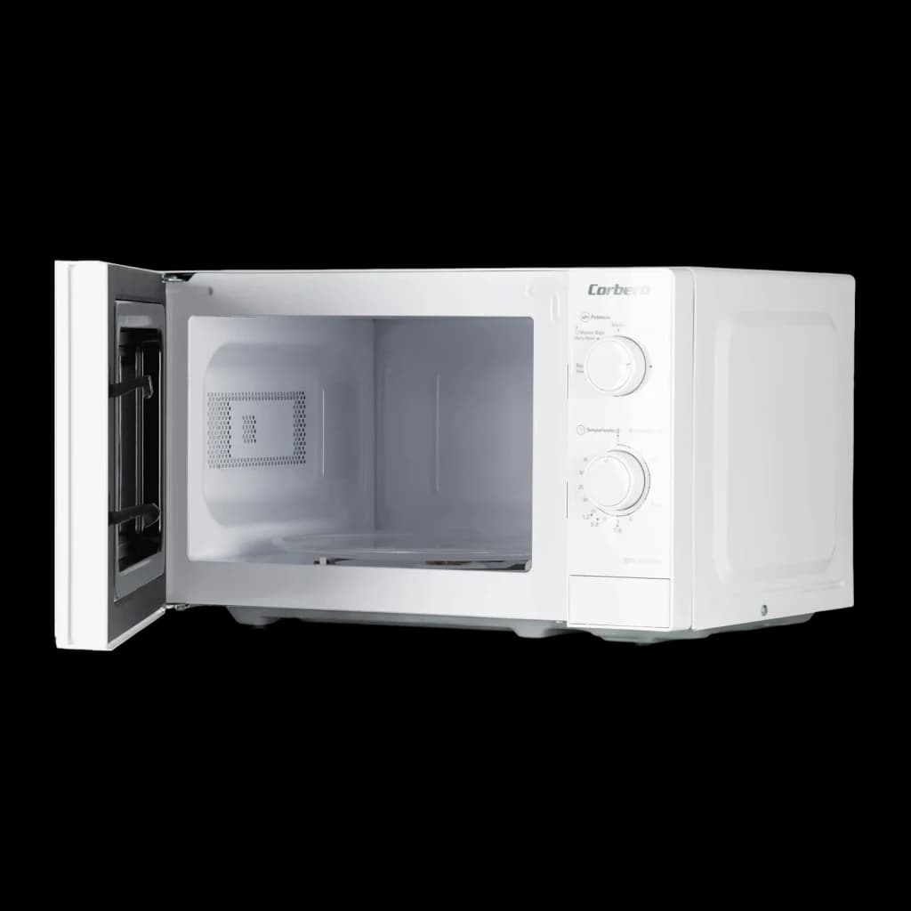 Corberó CMICM4020W Blanc, vue de face porte ouverte: intérieur vide avec plateau tournant et grille visible