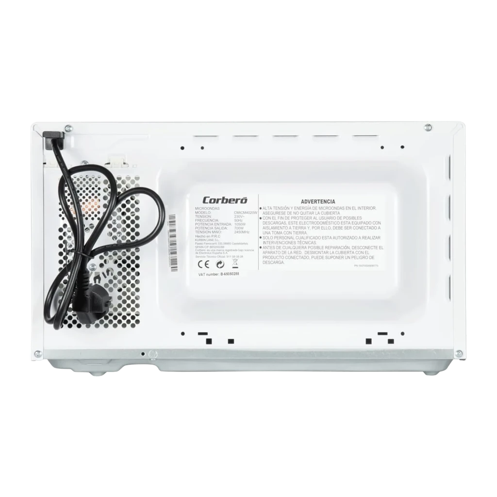 Corberó CMICM4020W Blanc, vue de face en angle: micro-ondes avec porte fermée et deux boutons rotatifs - Ítem2