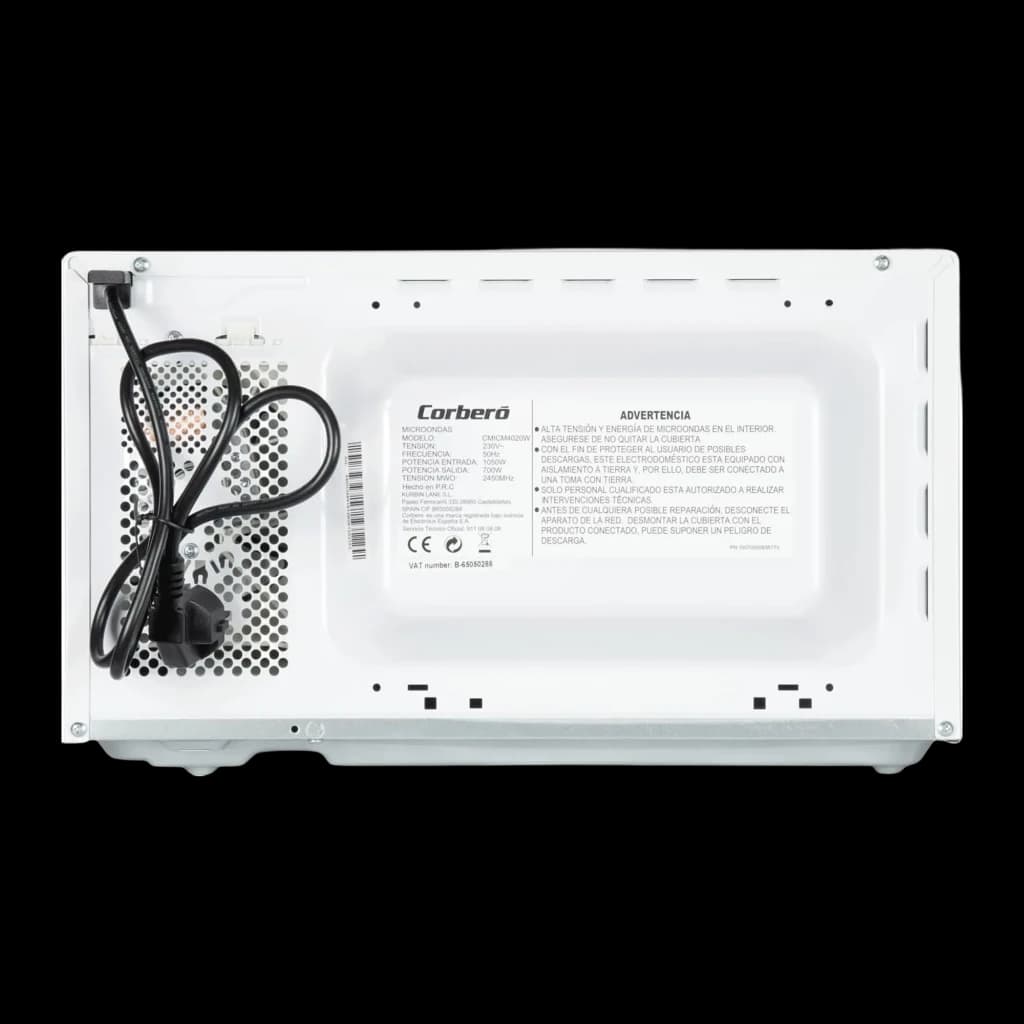 Corberó CMICM4020W Blanc, vue arrière: panneau arrière avec grille de ventilation, étiquette technique et câble enroulé
