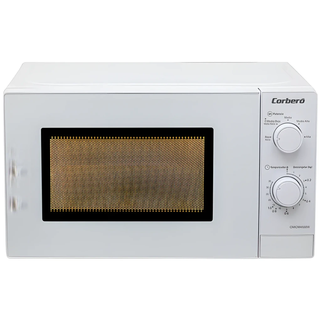 Corberó CMICM4020W Blanc, vue de face en angle: micro-ondes avec porte fermée et deux boutons rotatifs - Ítem3