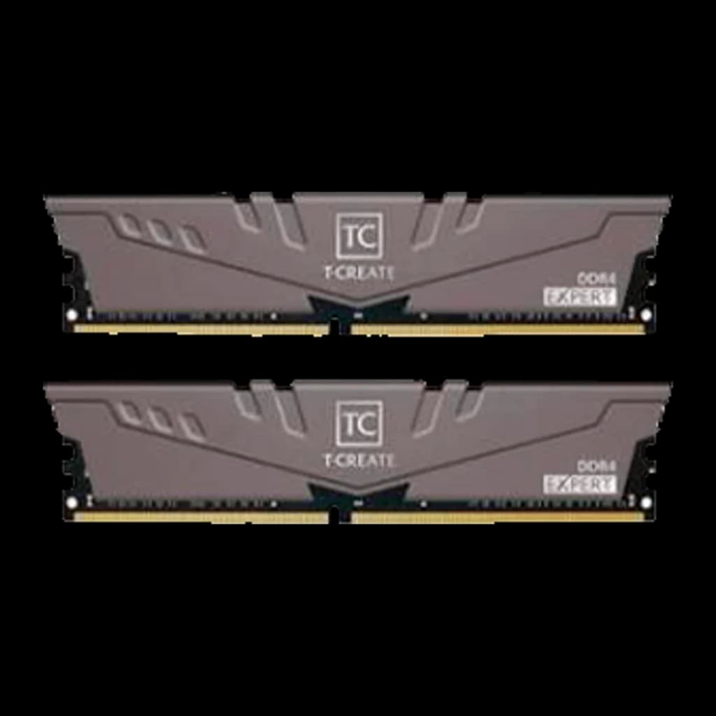 Team Group T-Create Expert 32GB DDR4 3600 Dual-Kit Cinza Titânio, vista frontal: dois módulos DIMM com dissipador cinza e