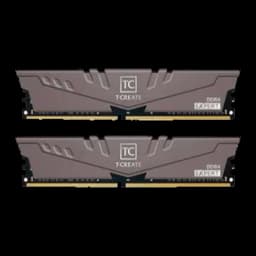 Team Group T-Create Expert 32GB DDR4 3600 Dual-Kit Cinza Titânio, vista frontal: dois módulos DIMM com dissipador cinza e