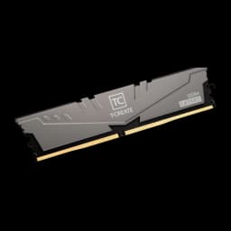 Team Group T-Create Expert 32GB DDR4 3600 Titânio, vista lateral: dissipador cinza claro em ângulo baixo, contatos dourados