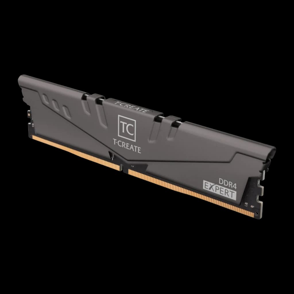 Team Group T-Create Expert 32GB DDR4 3600 Titânio, vista principal: módulo DIMM em ângulo, dissipador cinza com logo TC e