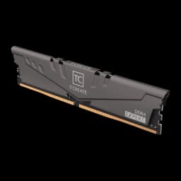 Team Group T-Create Expert 32GB DDR4 3600 Titânio, vista principal: módulo DIMM em ângulo, dissipador cinza com logo TC e