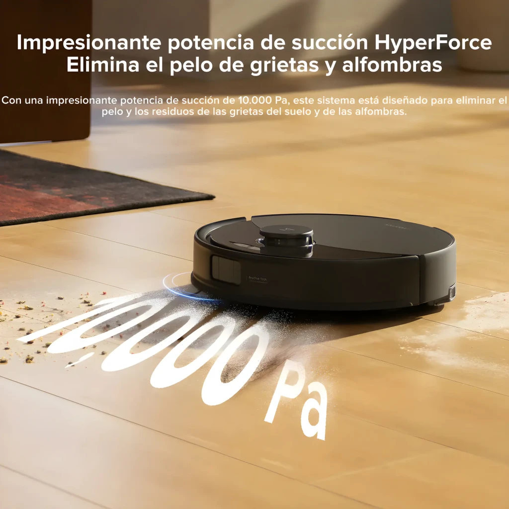 Roborock Q10 VF negro, vista diagonal frontal: cuerpo redondo, torre LiDAR central y sensor Reactive Tech - Ítem6