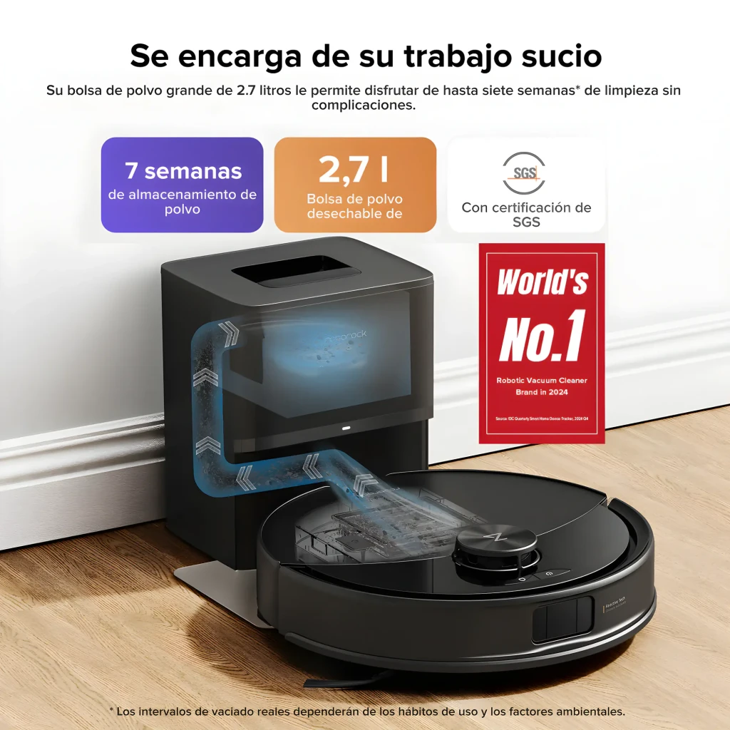 Roborock Q10 VF negro, vista diagonal frontal: cuerpo redondo, torre LiDAR central y sensor Reactive Tech - Ítem7