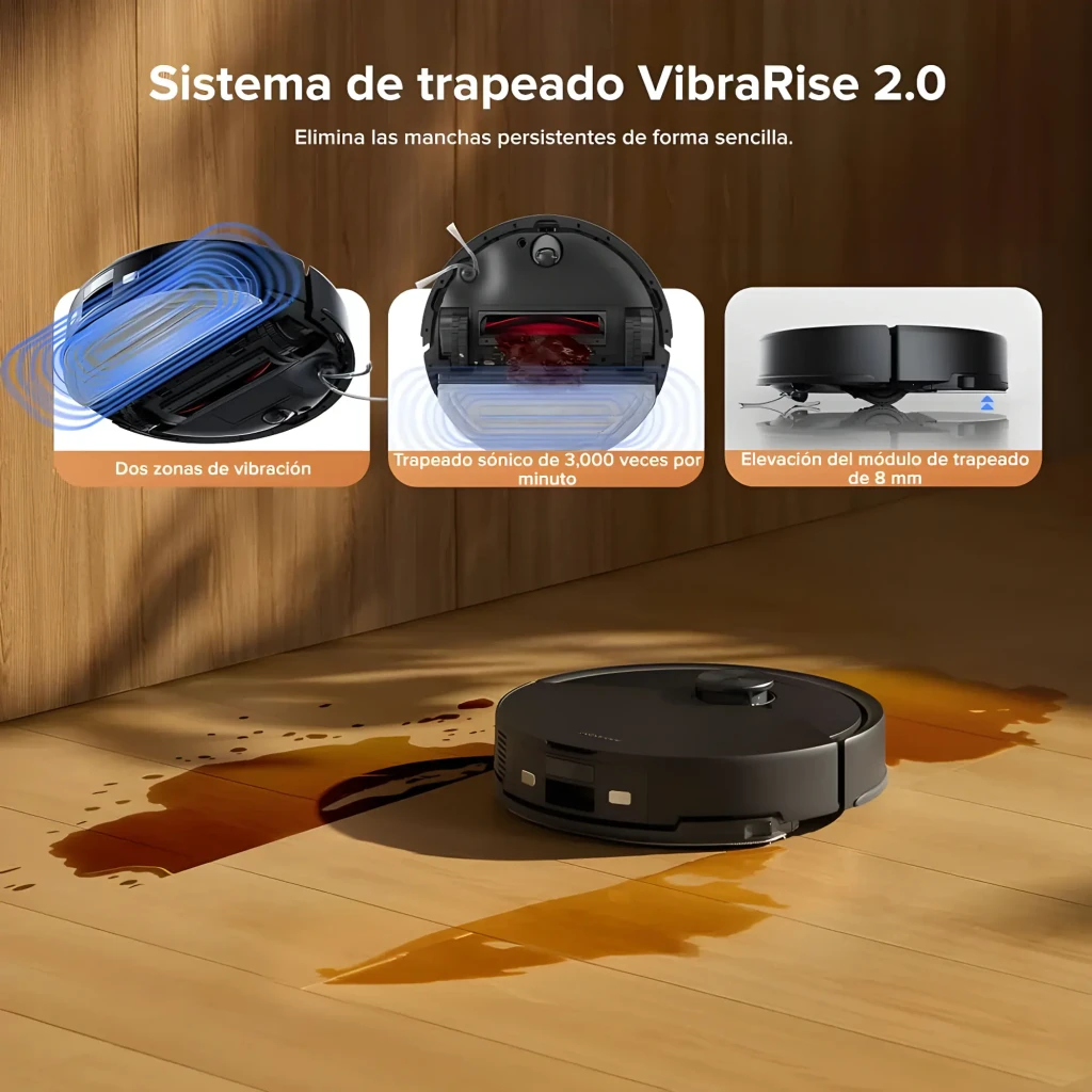 Roborock Q10 VF negro, vista diagonal frontal: cuerpo redondo, torre LiDAR central y sensor Reactive Tech - Ítem9