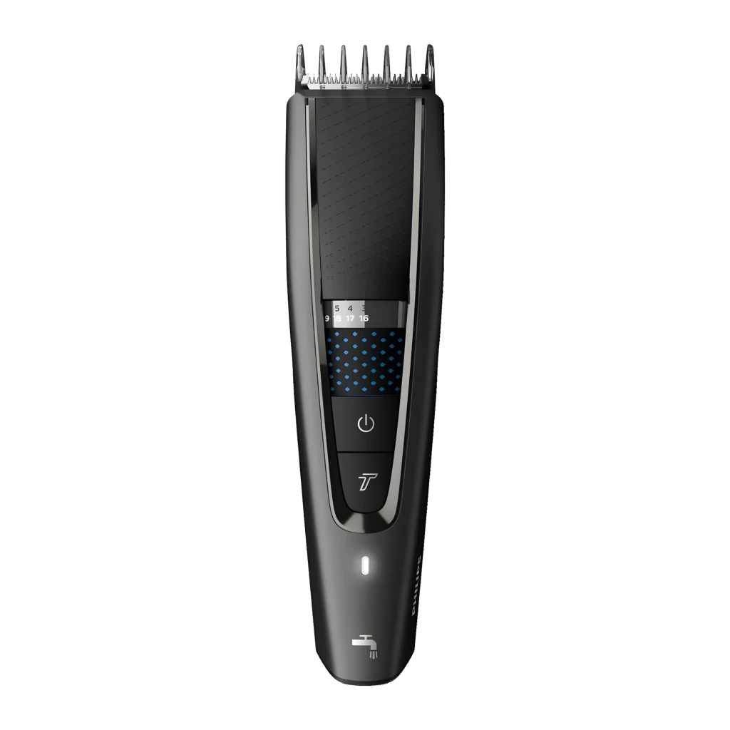 Philips Hairclipper Series 7000 HC7650/15 preto, vista frontal: pente guia, seletor de comprimento, painel azul e botão de - Item1