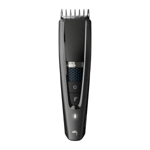 Philips Hairclipper Series 7000 HC7650/15 preto, vista frontal: pente guia, seletor de comprimento, painel azul e botão de