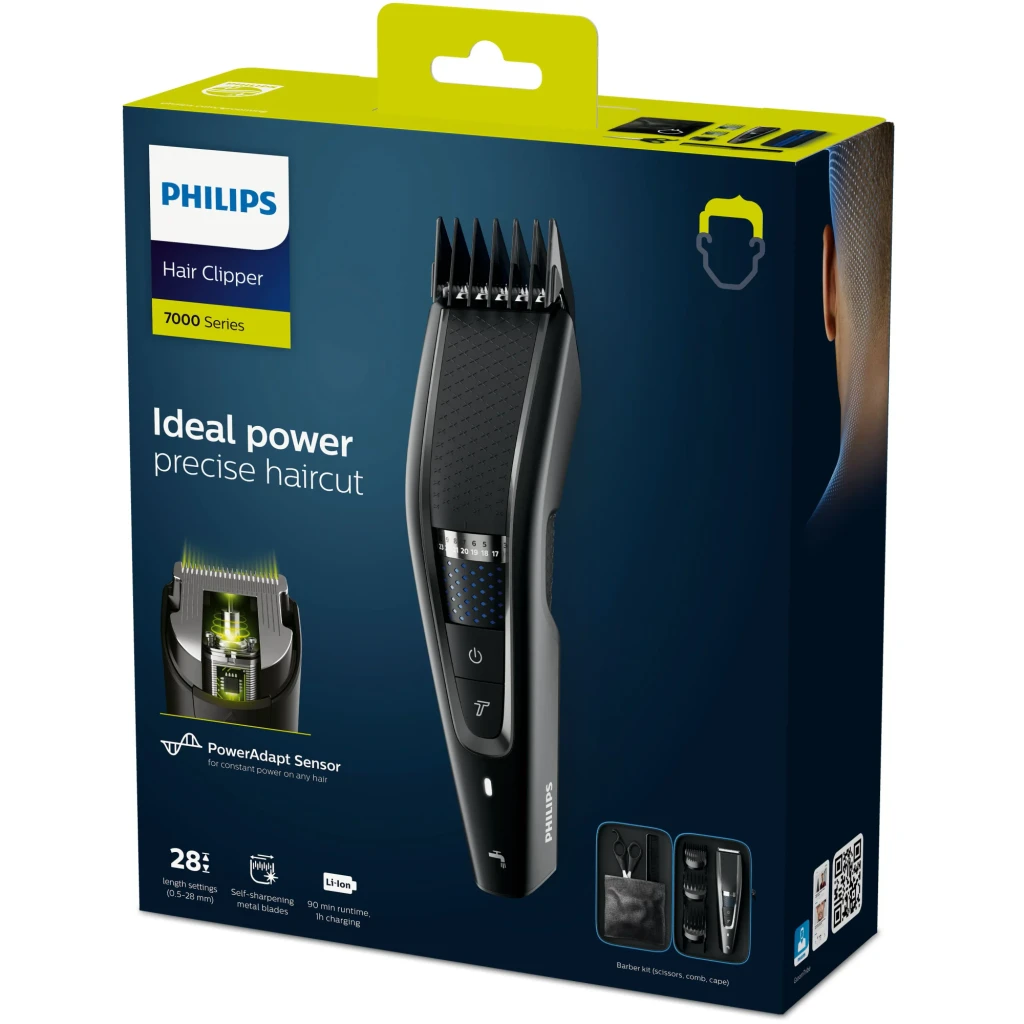 Philips Hairclipper Series 7000 HC7650/15 preto, vista frontal: pente guia, seletor de comprimento, painel azul e botão de - Item2