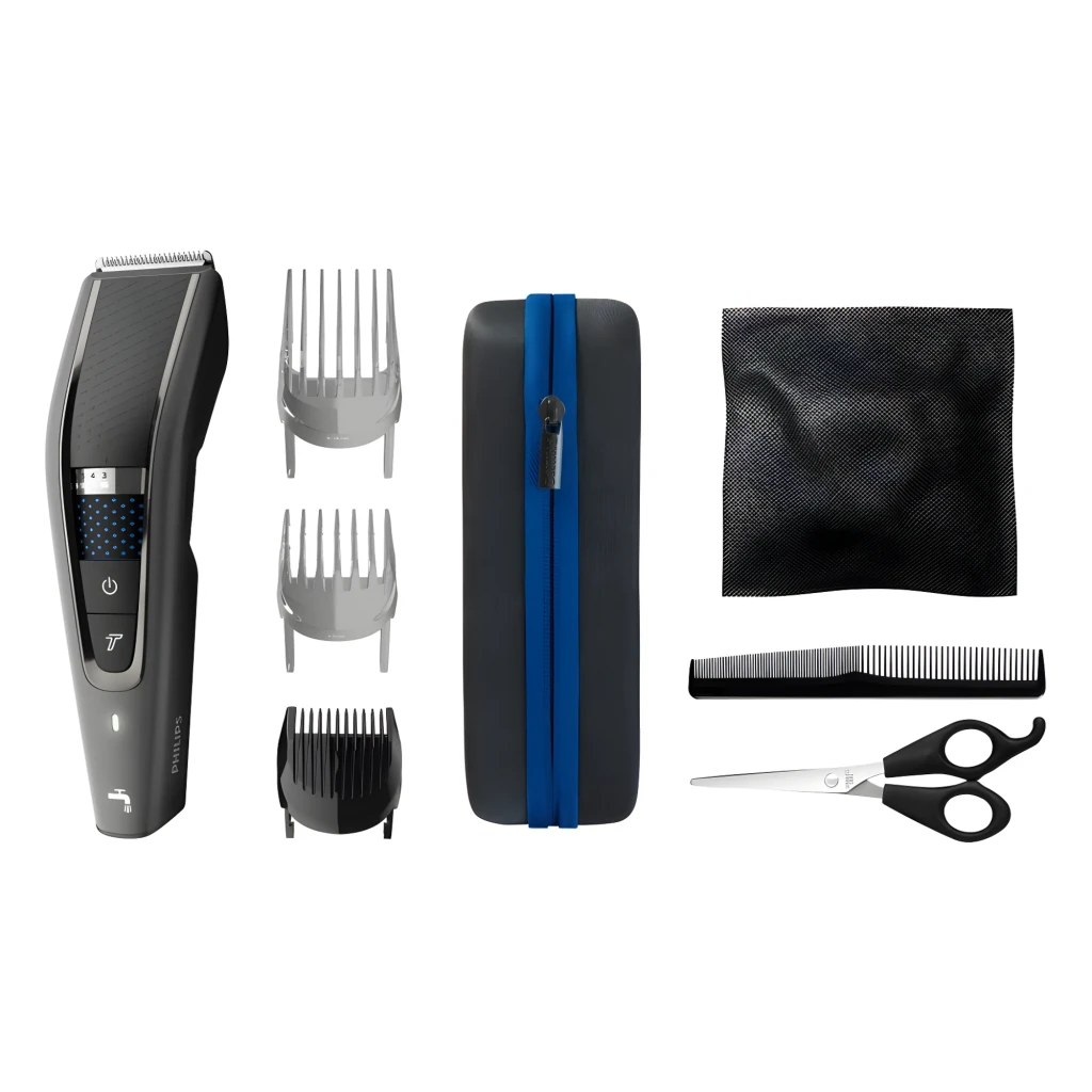 Philips Hairclipper Series 7000 HC7650/15 preto, vista frontal: pente guia, seletor de comprimento, painel azul e botão de - Item3