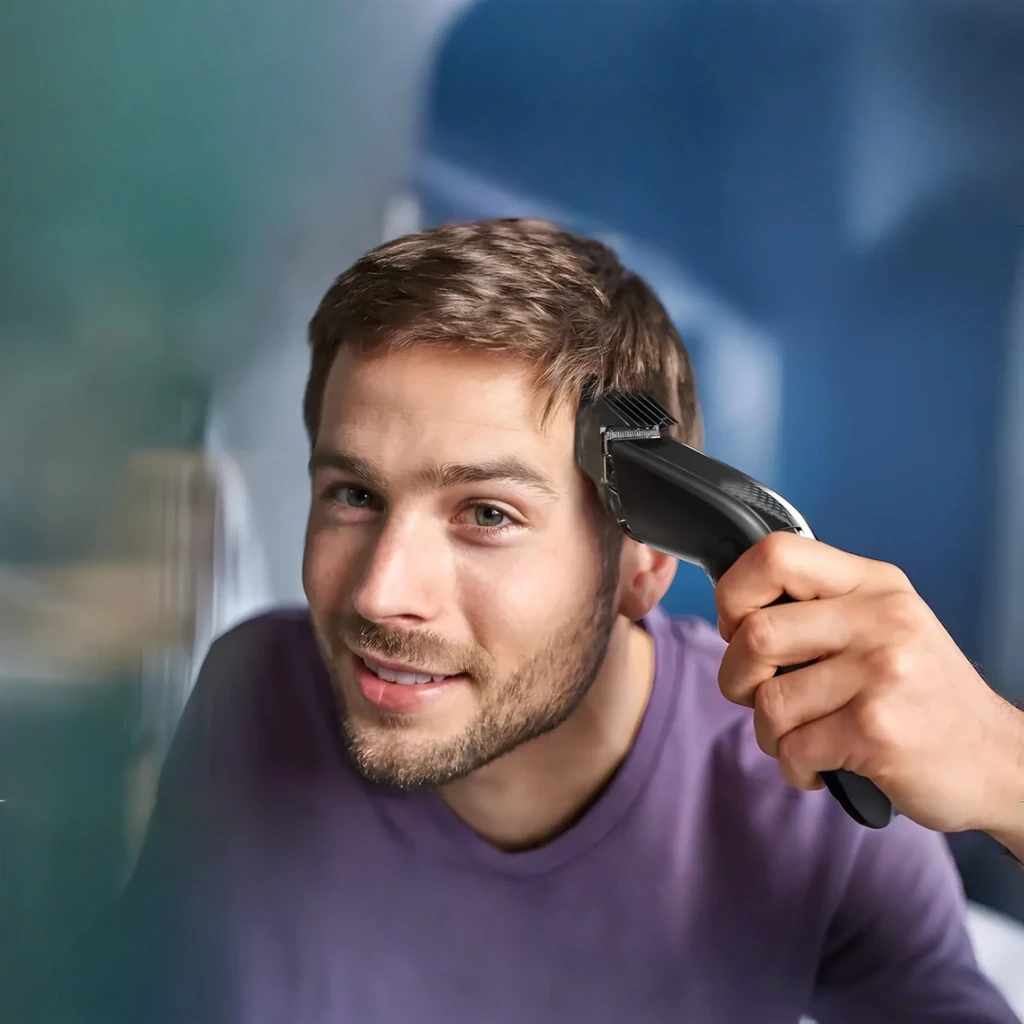 Philips Hairclipper Series 7000 HC7650/15 preto, vista frontal: pente guia, seletor de comprimento, painel azul e botão de - Item5