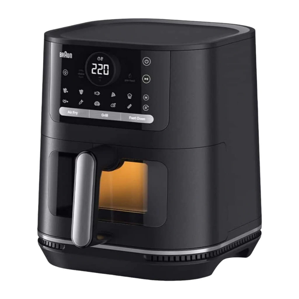 Braun Friteuse air HF Multifry 5 HF5075IBK noir, vue avant: panneau tactile 220°, fenêtre avec poulet en cuisson - Ítem1