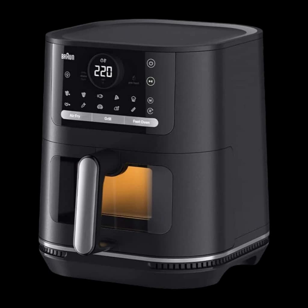 Braun Friteuse à air HF 5075 2000 W noir, vue en angle: panneau tactile avec affichage 220°, fenêtre avec lumière intérieure