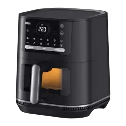 Braun Friteuse à air HF 5075 2000 W noir, vue en angle: panneau tactile avec affichage 220°, fenêtre avec lumière intérieure
