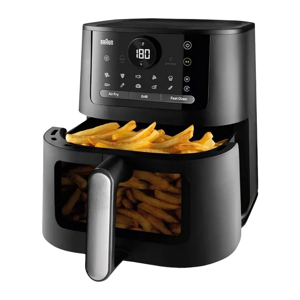 Braun Friteuse air HF Multifry 5 HF5075IBK noir, vue avant: panneau tactile 220°, fenêtre avec poulet en cuisson - Ítem2