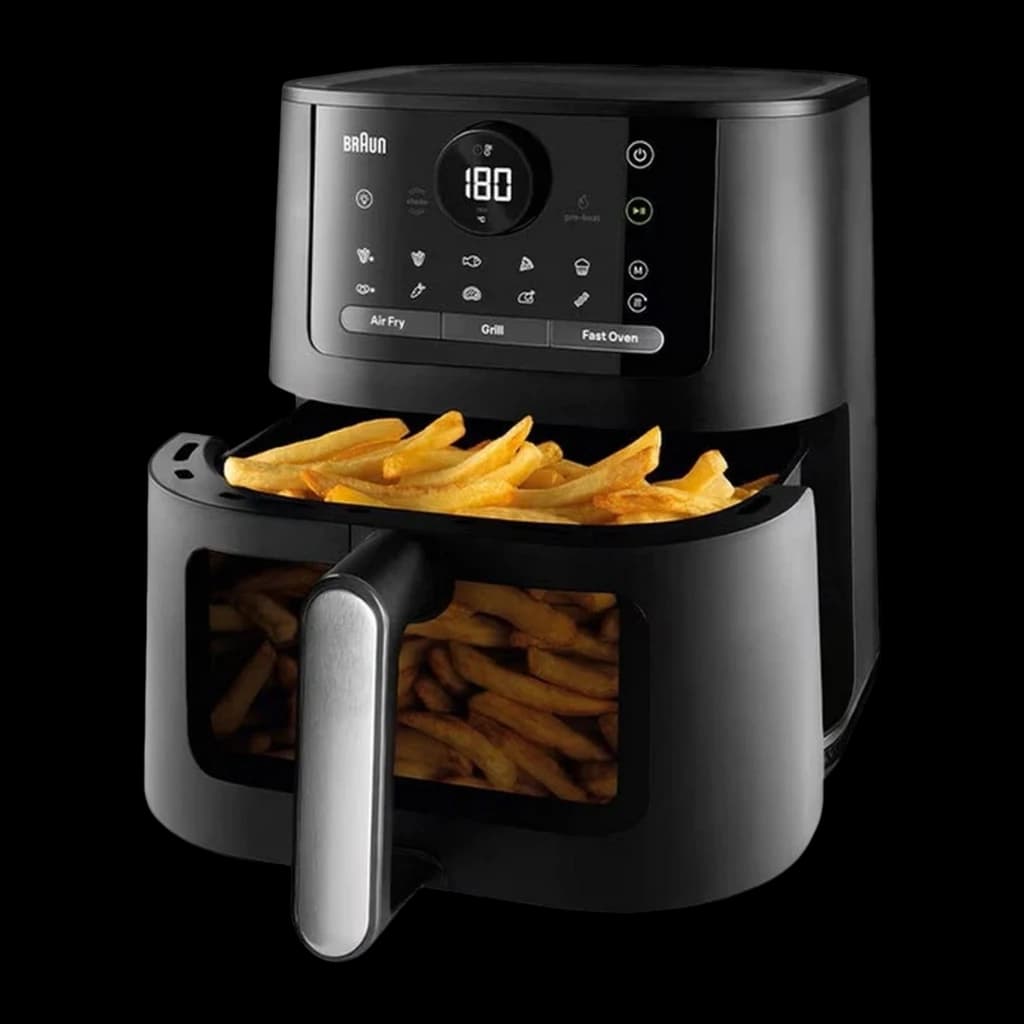 Braun Friteuse à air HF 5075 2000 W noir, tiroir ouvert avec frites: panier sorti montrant des frites visibles à travers la