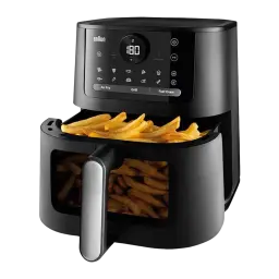 Braun Friteuse à air HF 5075 2000 W noir, tiroir ouvert avec frites: panier sorti montrant des frites visibles à travers la