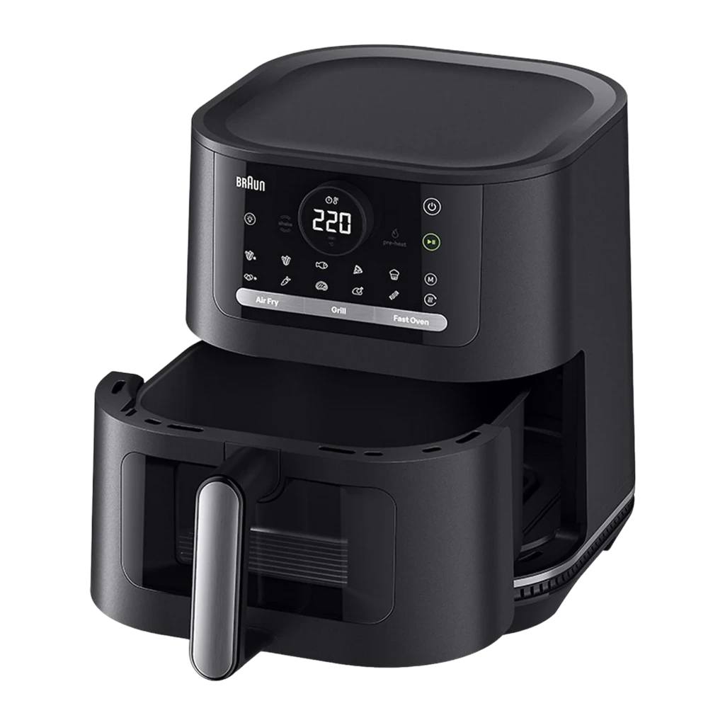 Braun Friteuse air HF Multifry 5 HF5075IBK noir, vue avant: panneau tactile 220°, fenêtre avec poulet en cuisson - Ítem3