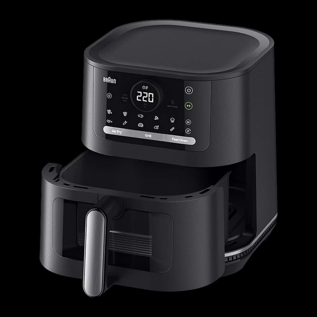 Braun Friteuse à air HF 5075 2000 W noir, panier vide sorti: tiroir vide avec intérieur visible, affichage 220° et bouton