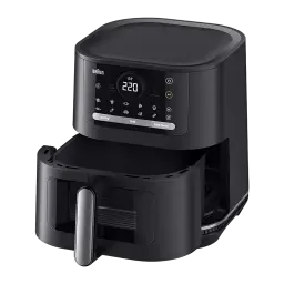 Braun Friteuse à air HF 5075 2000 W noir, panier vide sorti: tiroir vide avec intérieur visible, affichage 220° et bouton