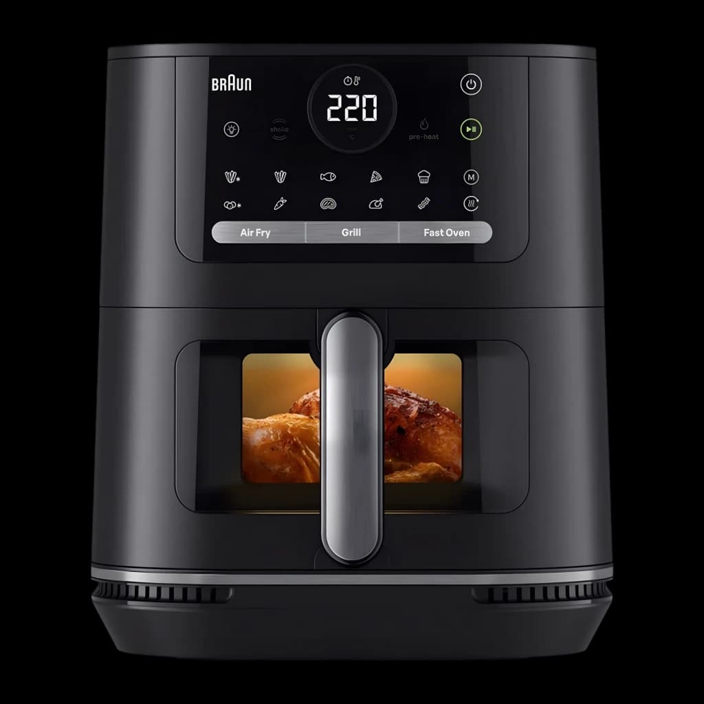 Braun Friteuse air HF Multifry 5 HF5075IBK noir, vue avant: panneau tactile 220°, fenêtre avec poulet en cuisson
