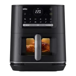 Braun Friteuse air HF Multifry 5 HF5075IBK noir, vue avant: panneau tactile 220°, fenêtre avec poulet en cuisson